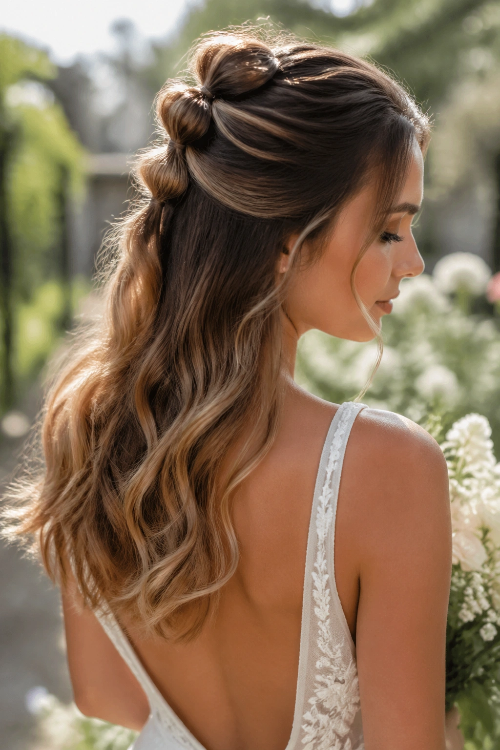 Bride with half-up bubble waves and loose ends in a garden setting