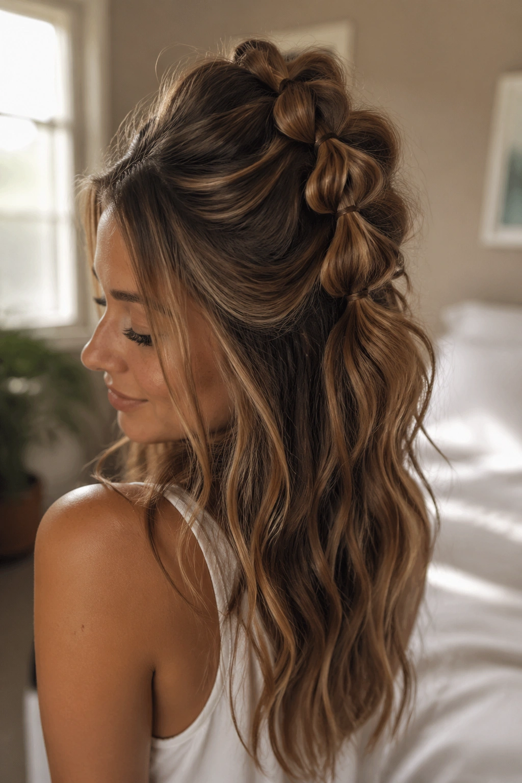 Real woman with half-up messy bubble braid on wavy hair, close-up
