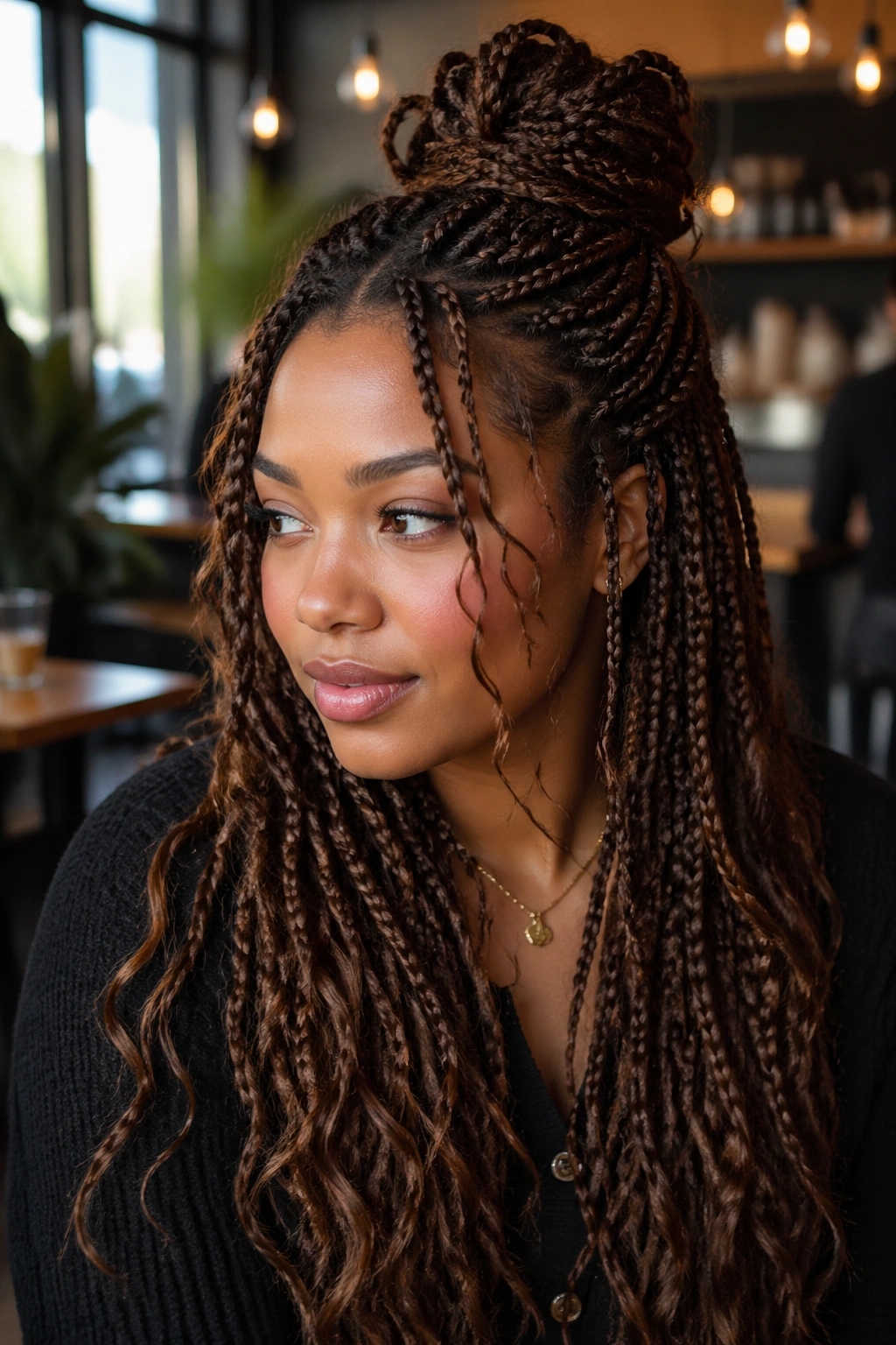 Real woman with half-up bun of brown boho box braids