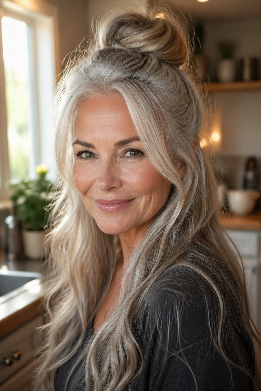 Close-up of a woman with a half-up bun and loose hair around the face