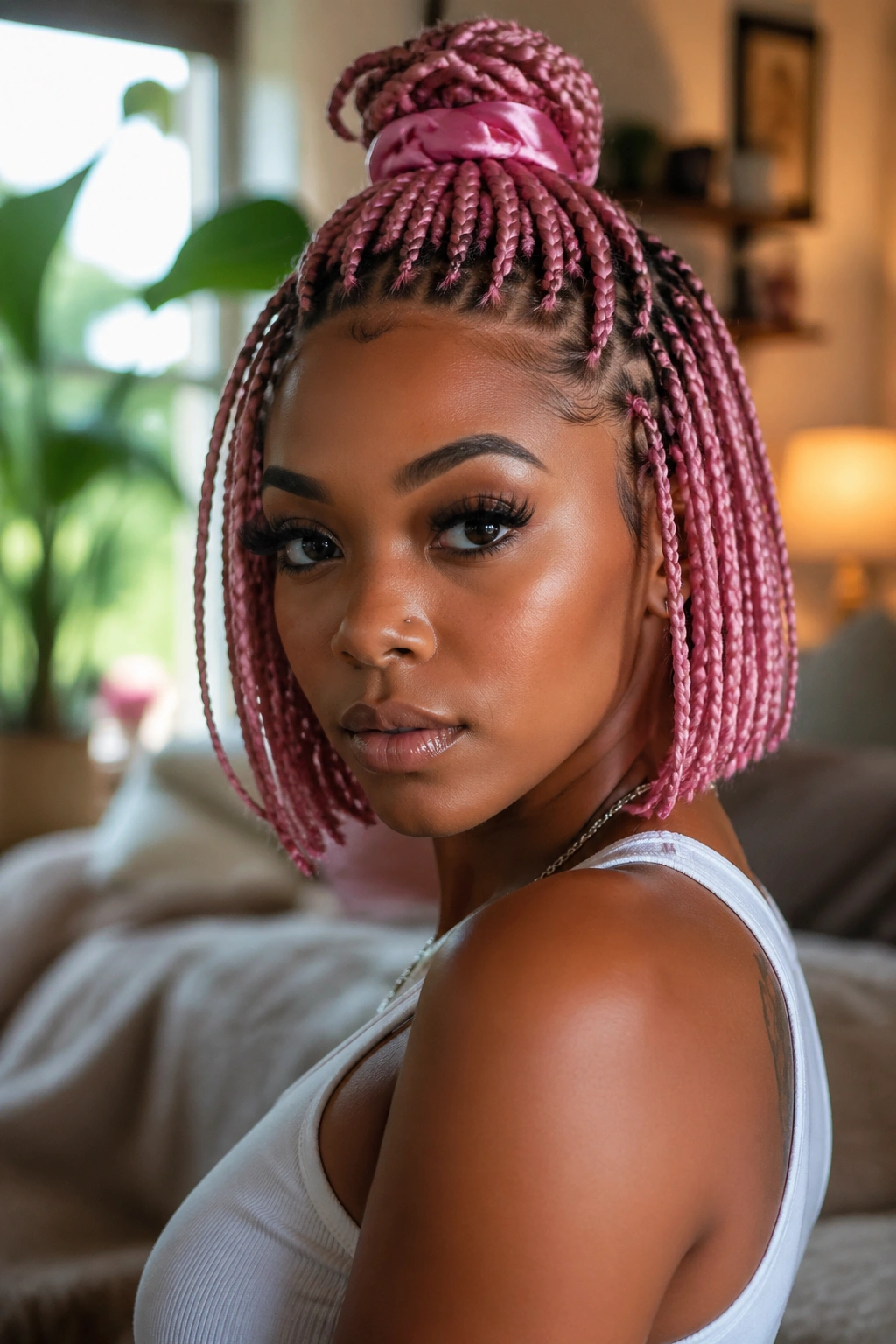 Close-up portrait of a real woman with half-up mini bun on pink short box braids.