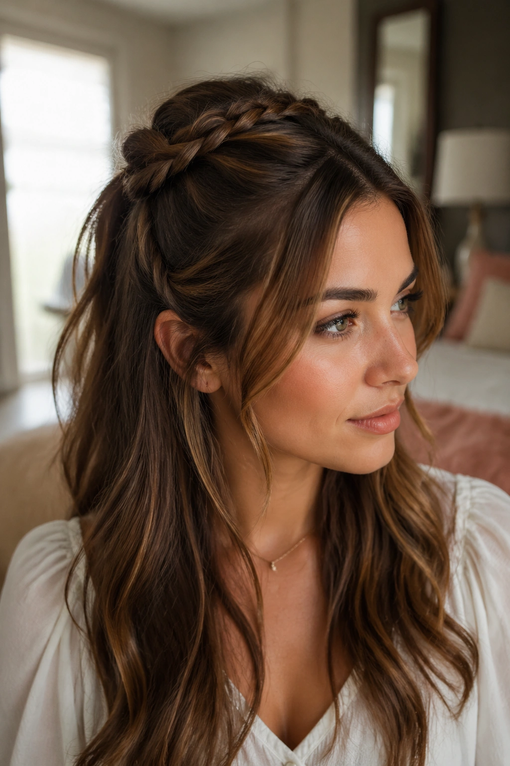 Close-up of a real woman with half-up butterfly braid ponytail showing face-framing pieces