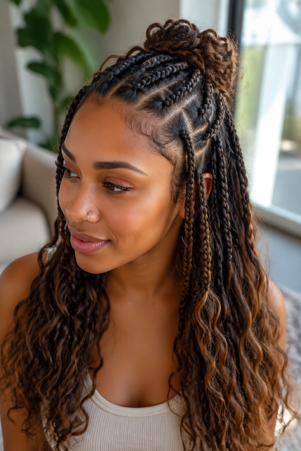 Real person with half-up butterfly braids and loose length under natural daylight