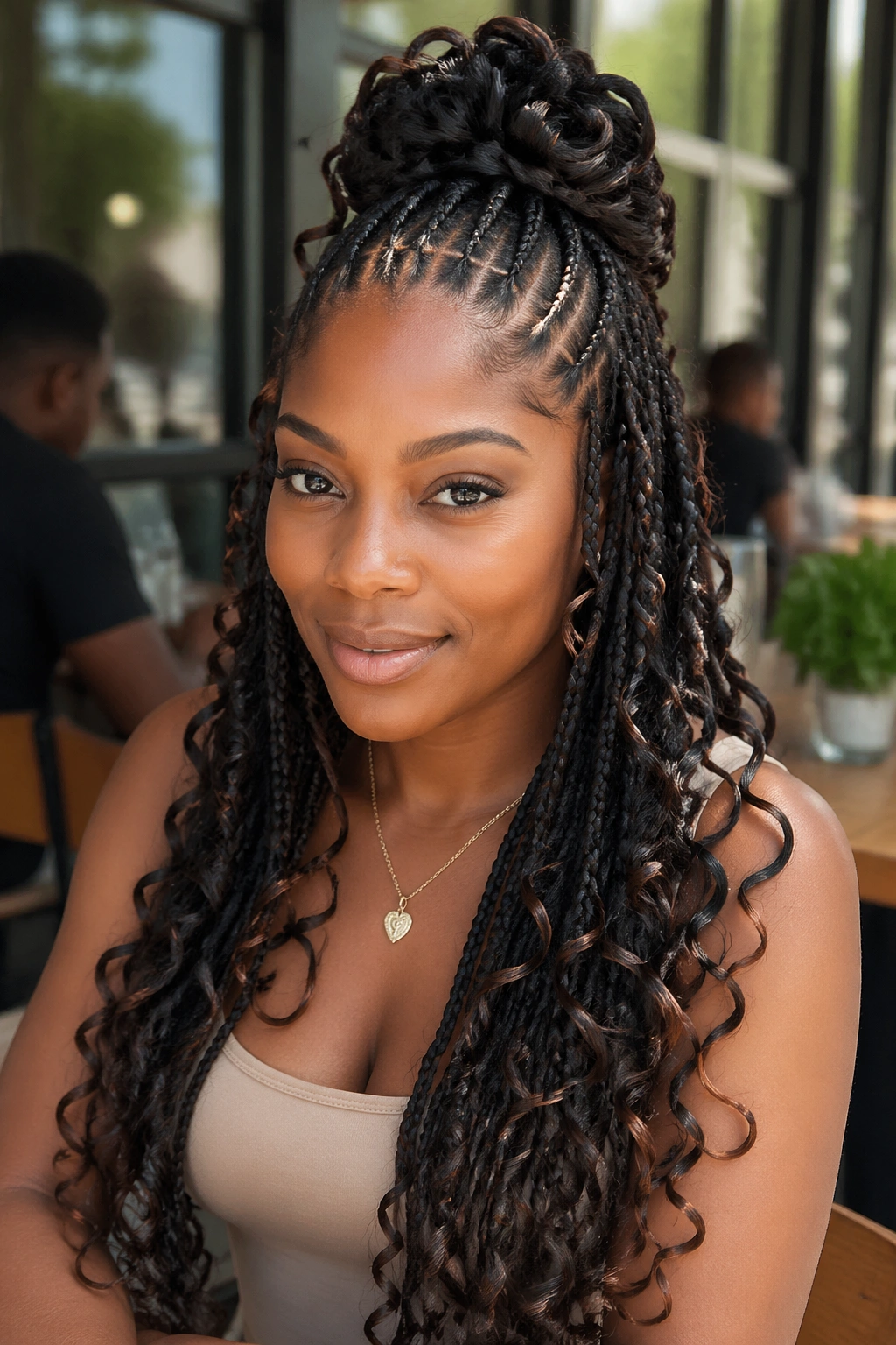 Close-up of a real woman with half-up butterfly braids, top knot and loose bottom length