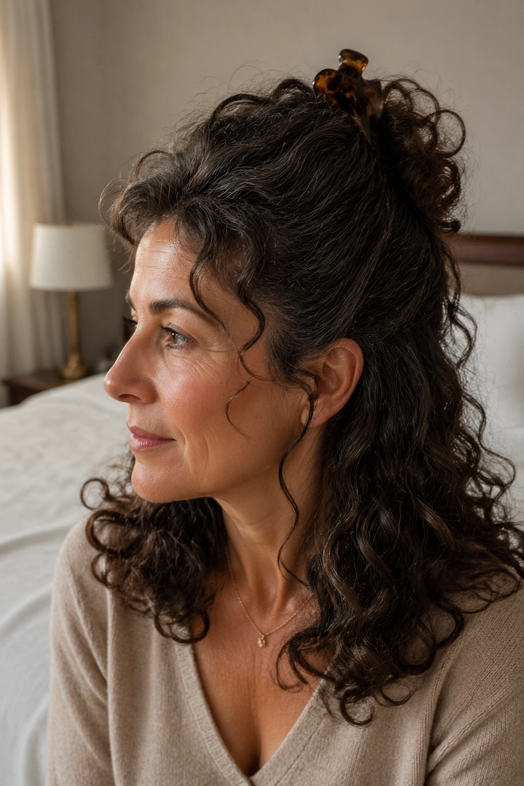 Close-up of a real woman wearing a half-up claw-clip hairstyle in a cozy bedroom
