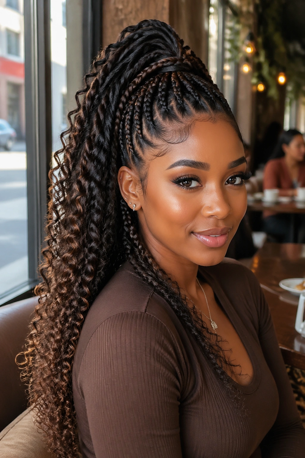 Portrait of a real woman with a high half-up ponytail and crochet waterfall tail