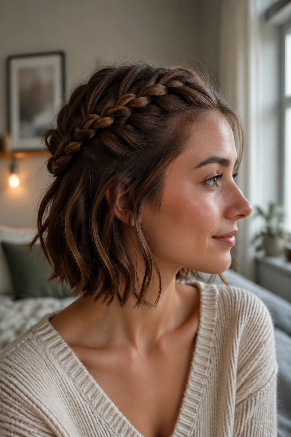 Close-up of a real woman with a half-up crown braid on short hair, soft natural window light.