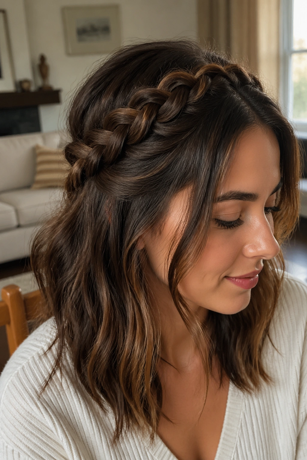 Close-up of a half-up crown braid on a real woman with hair down