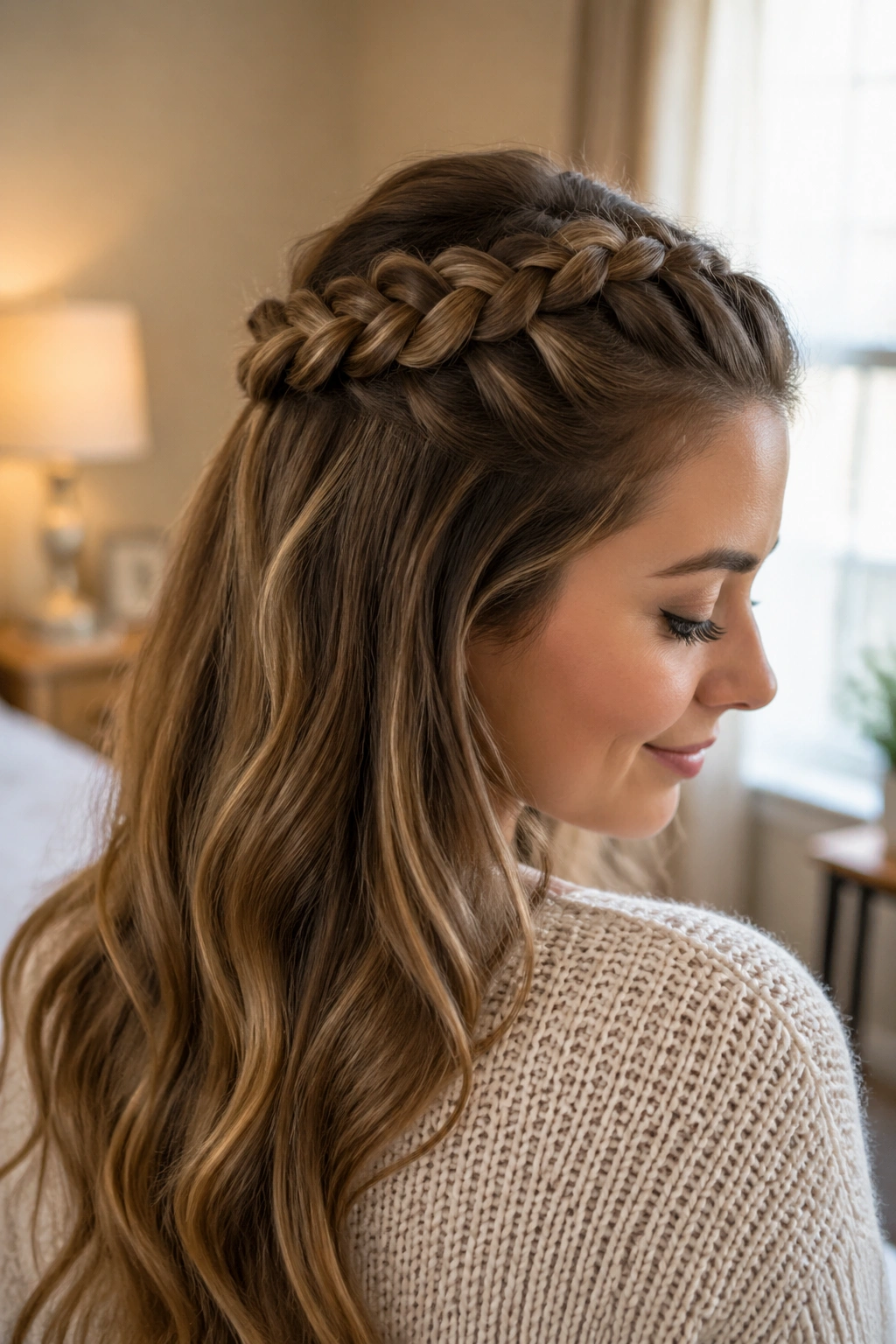 Close-up of a real woman wearing a classic half-up Dutch crown braid, soft window light.