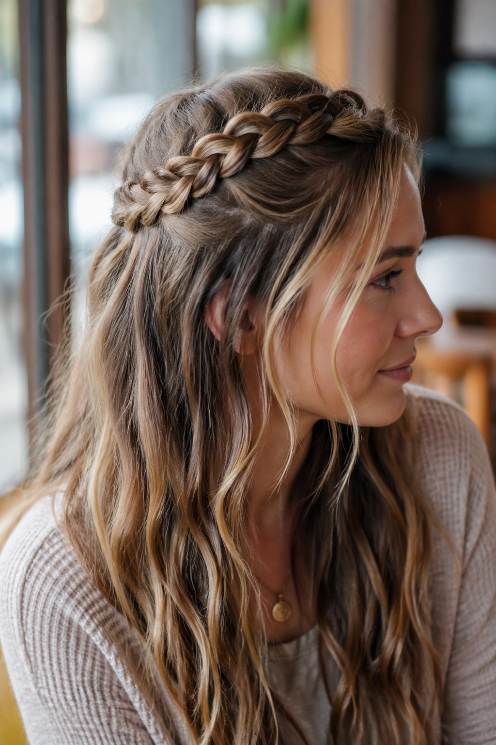 Real woman with a thin crown braid and loose-wavy hair under cafe window light.