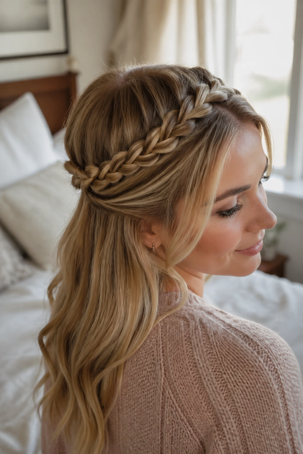 Portrait of a real woman with a half-up braid crown