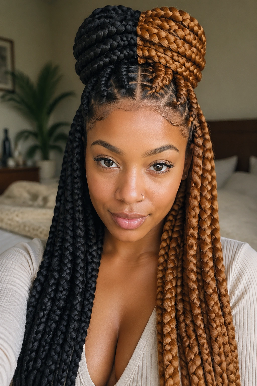Real woman with half-up crown jumbo braids and central color split