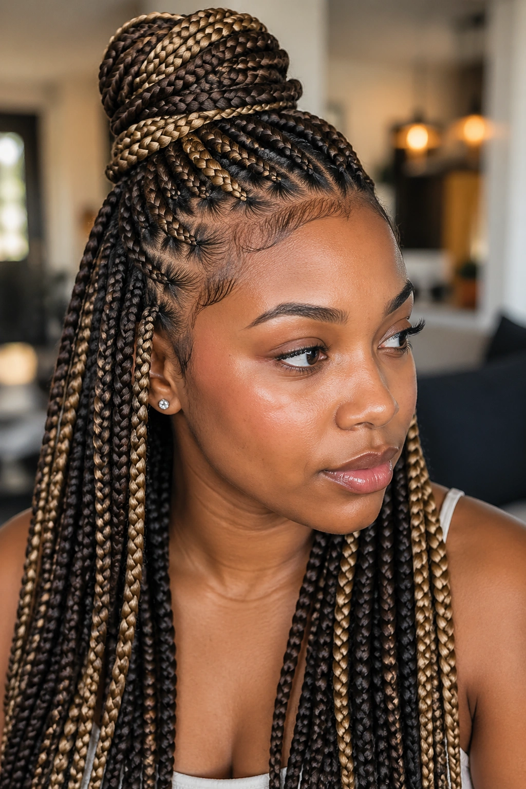 Close-up of half-up crown knotless braids with mixed blonde panels