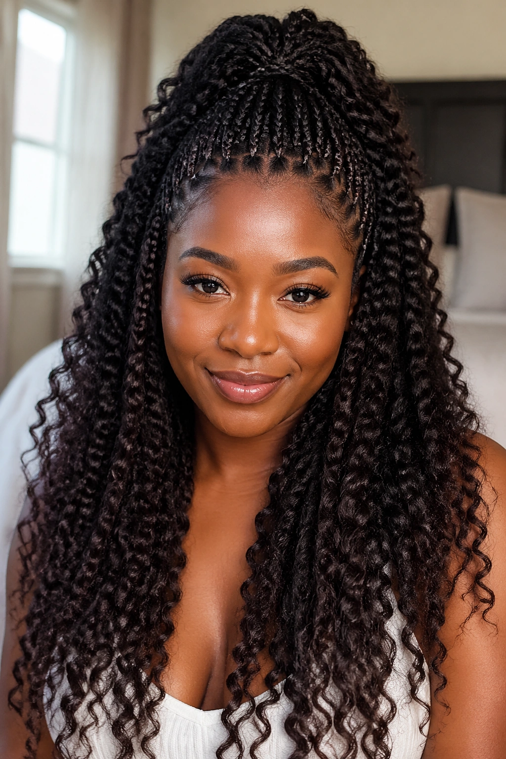 Close-up portrait of a real woman wearing Half-Up Crown Crochet Braids with crown lift and face-framing fullness