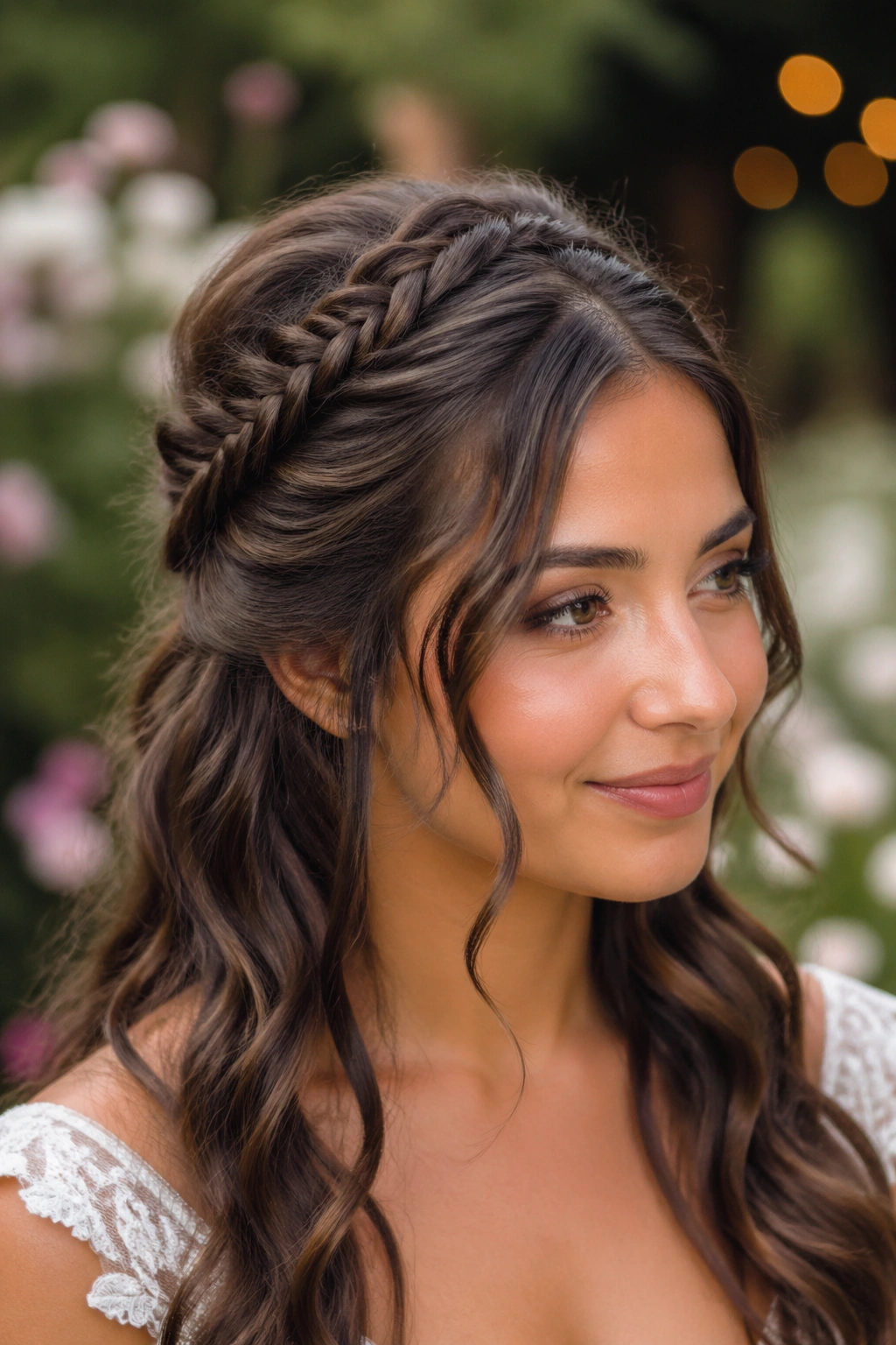 Close-up portrait of a real bride with half-up crown fishtail and face-framing pieces in a garden