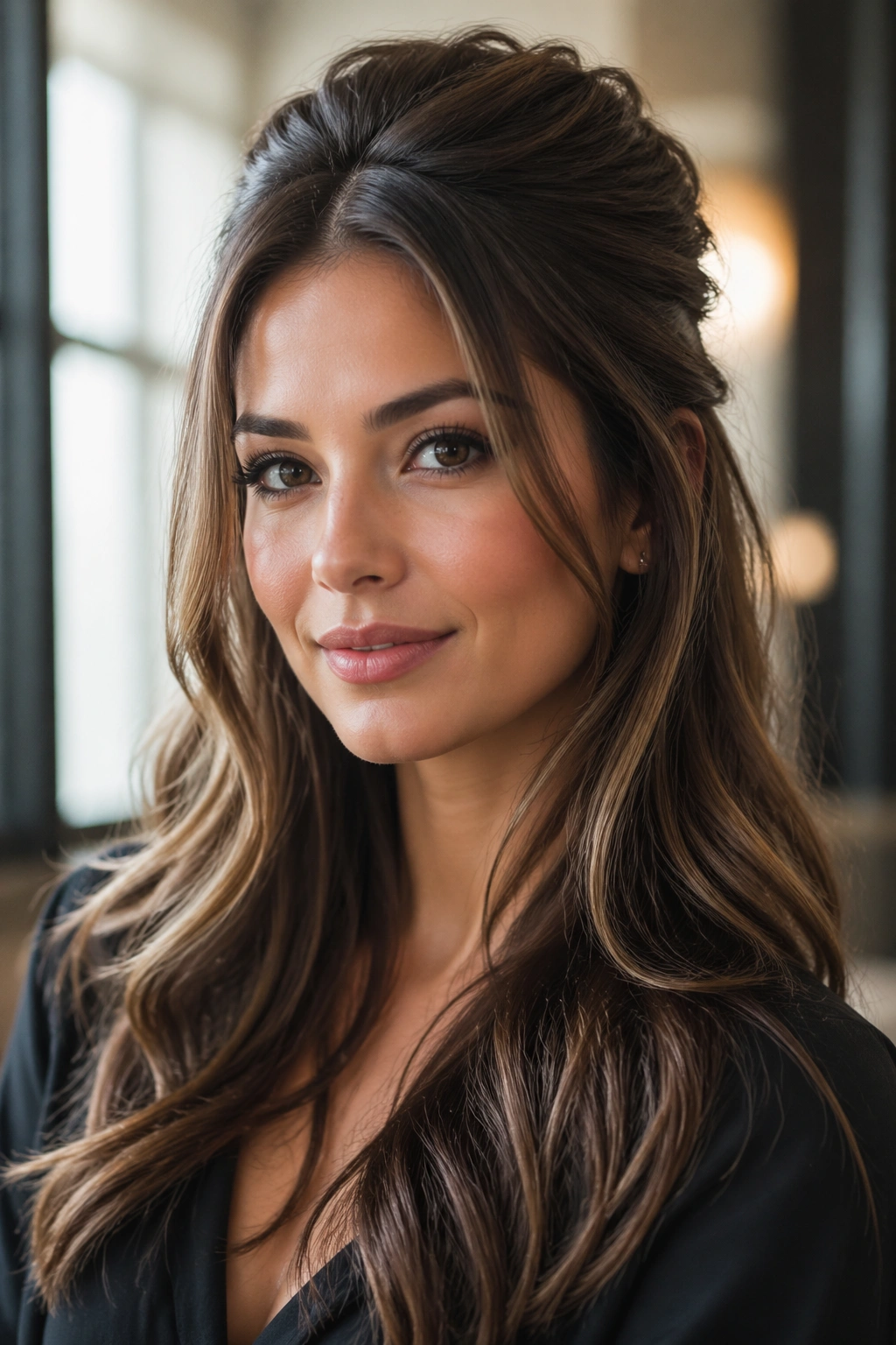 Portrait of a woman with half-up half-down hairstyle and crown lift