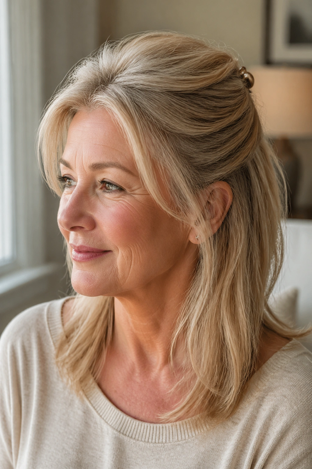 Close-up portrait of a real woman with half-up crown lift showing top section pulled back