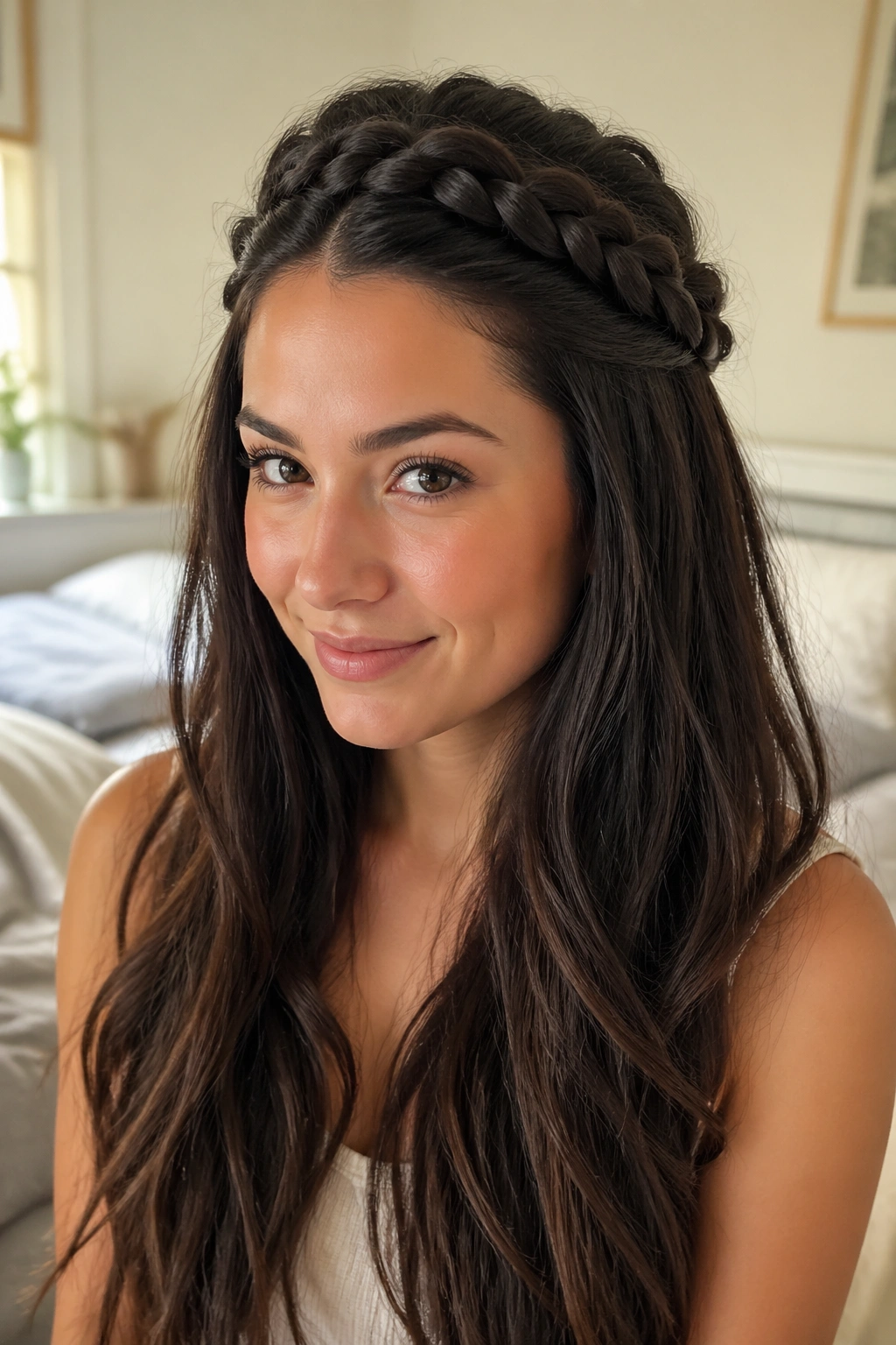 Real woman with a half-up crown pancake braid across the top