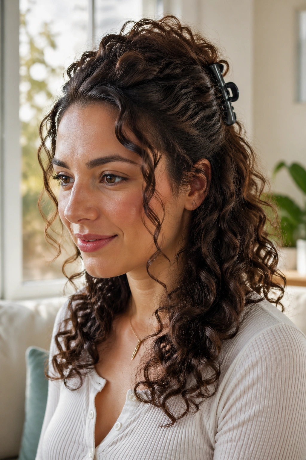 Close-up of real woman with half-up clip-back curly hairstyle