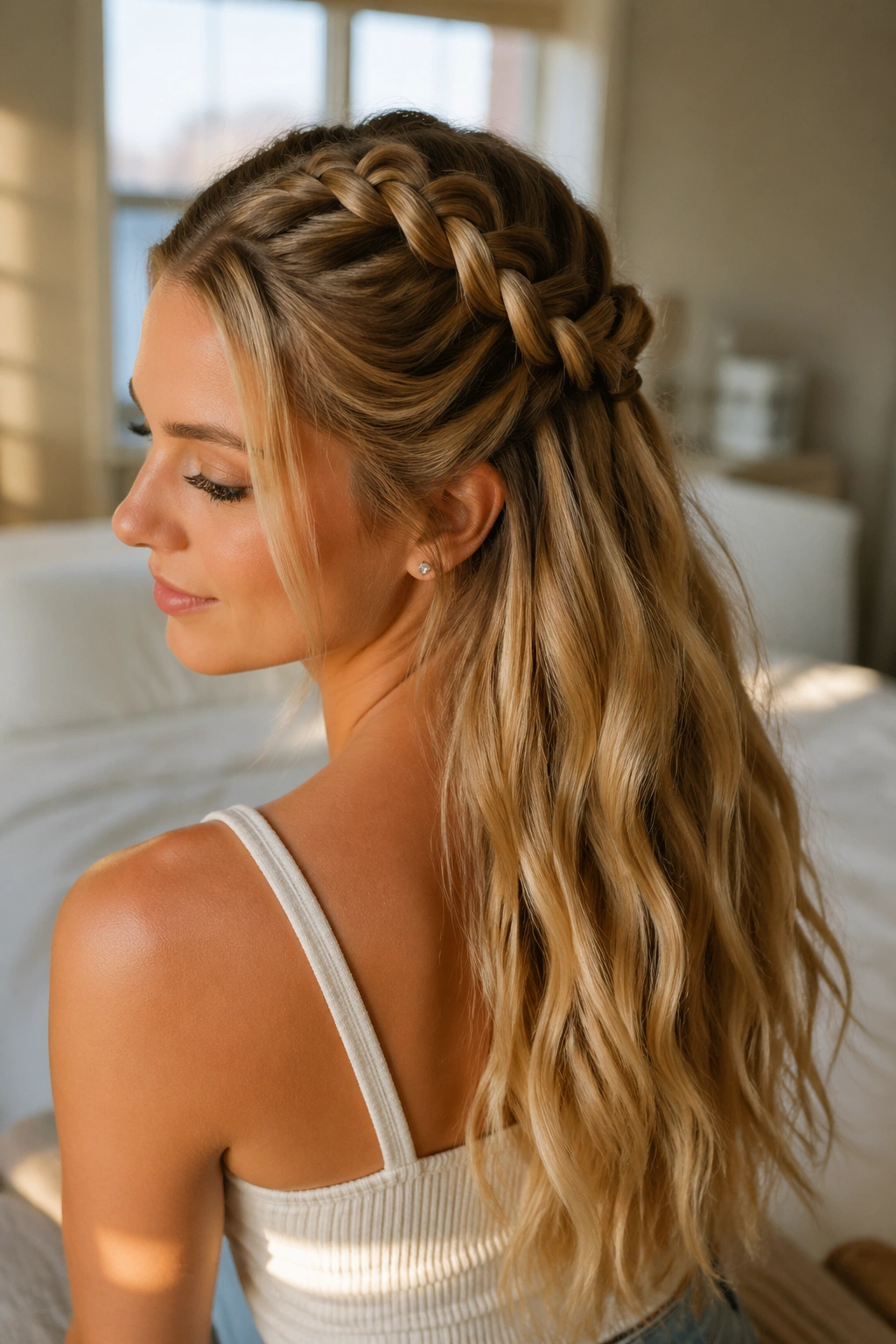 Real woman with half-up dragon braid and loose hair in window light