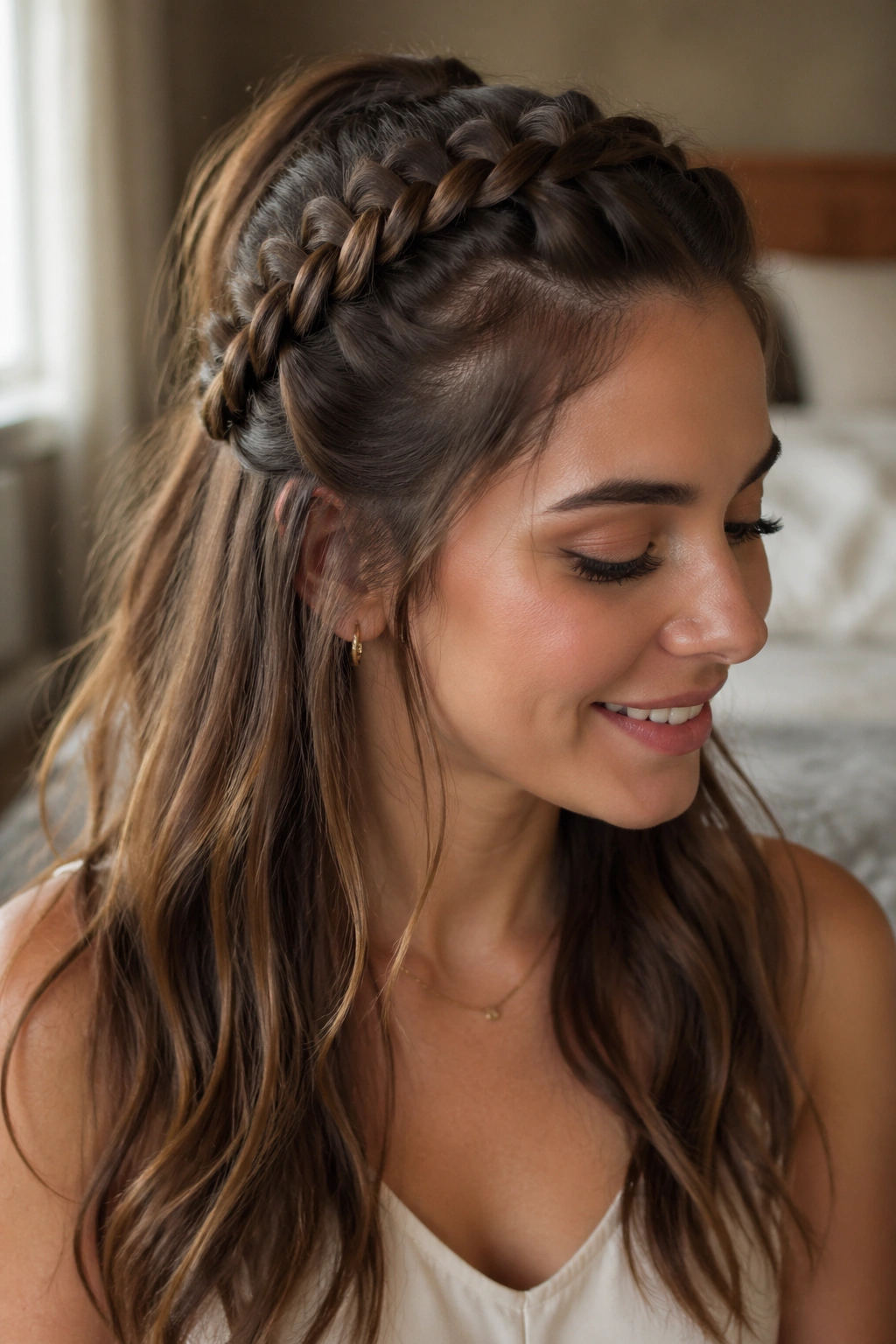 Close-up of a real person with half-up Dutch braids taming the front