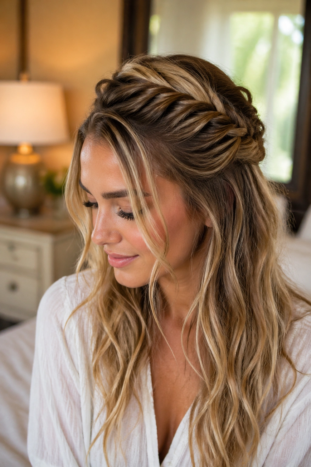 Close-up of a real woman with a half-up fishtail braid, top braid and loose lower hair