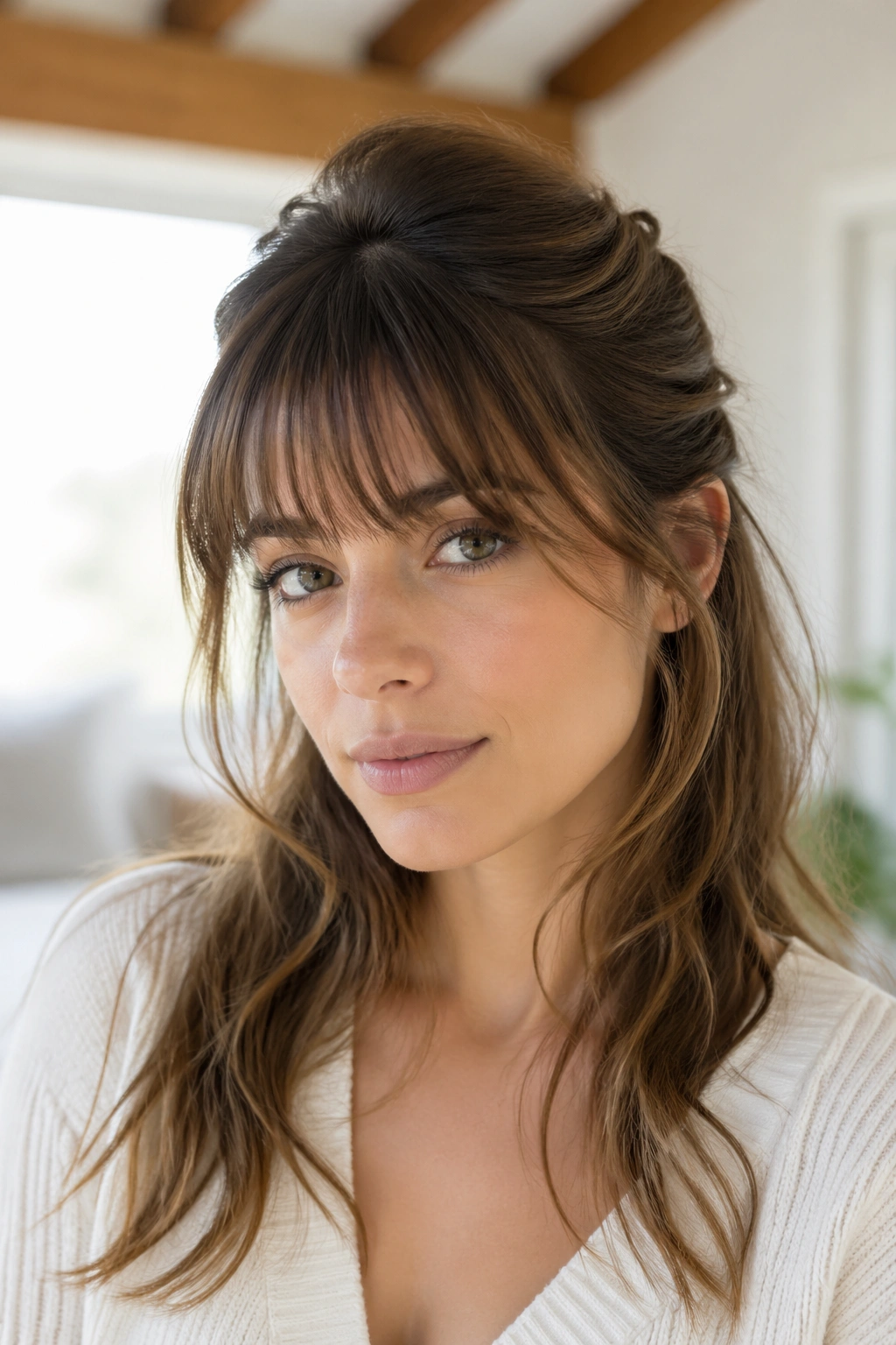 Close-up of a woman with half-up hair and fluffy wispy fringe in a bright room.