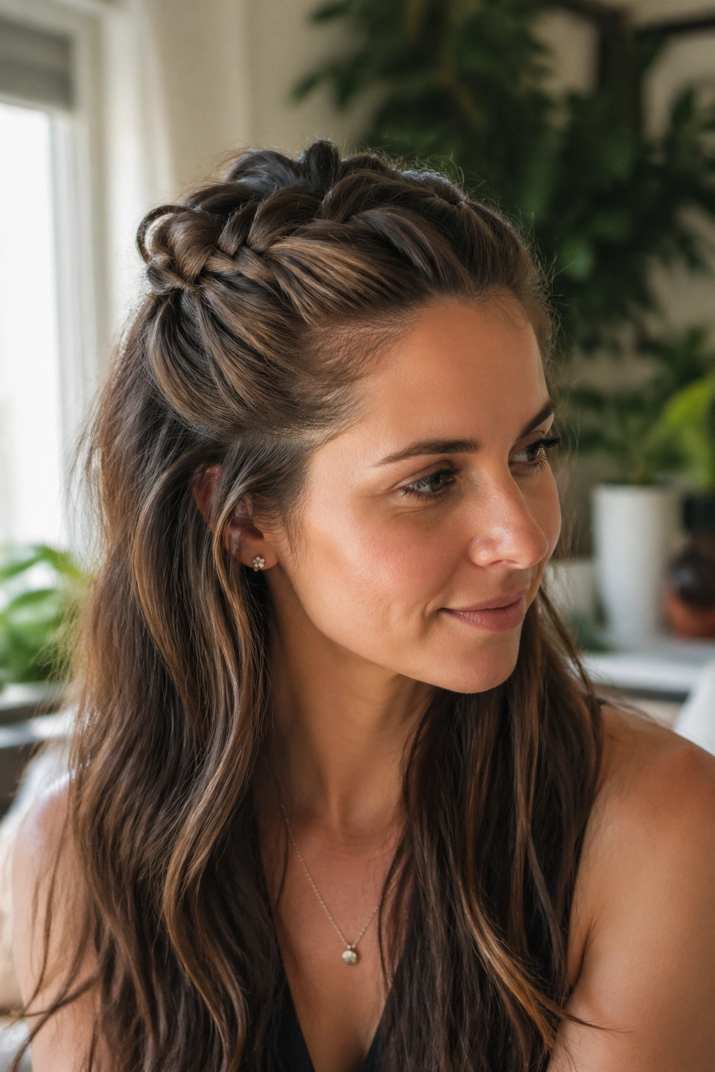 Close-up portrait of a real woman with a half-up French braid across the crown