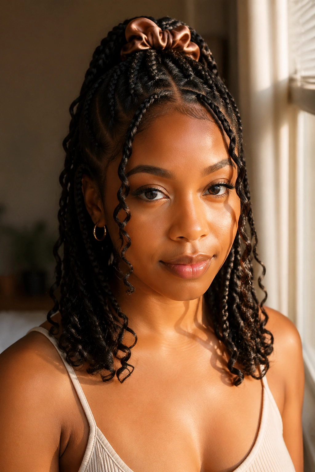 Close-up portrait of a real woman with half-up goddess braids and satin scrunchie