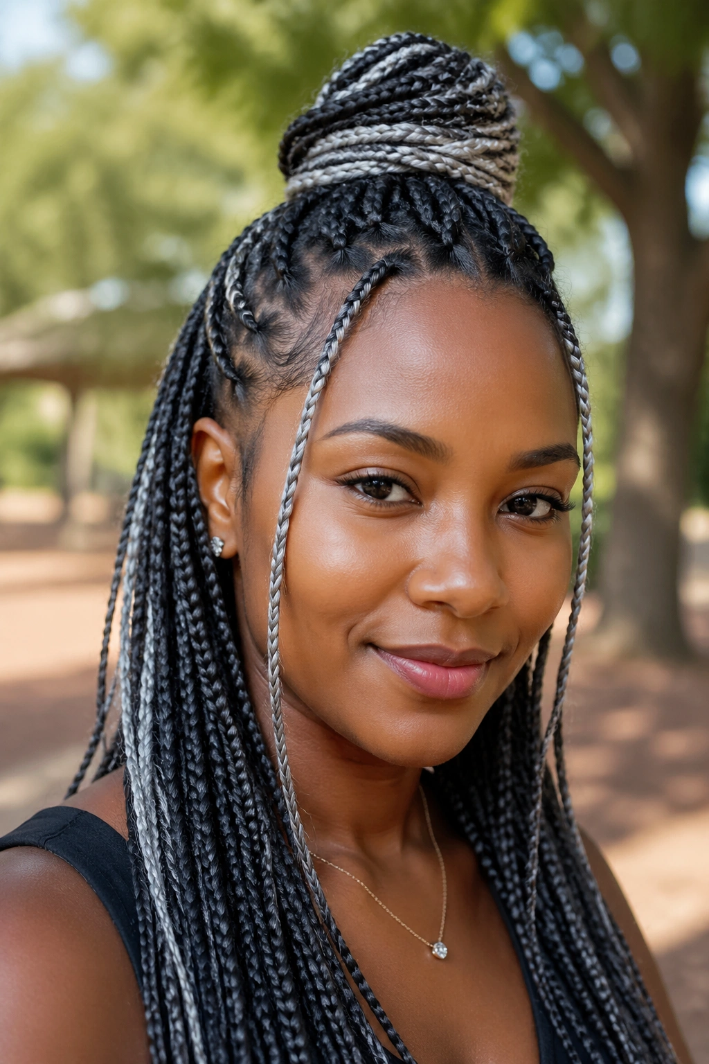 Half-up top knot grey braids close-up on real person outdoors