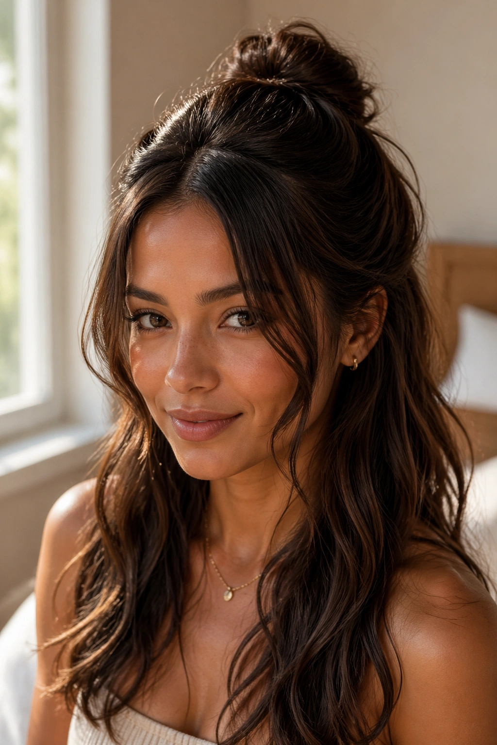 Close-up portrait of a real woman with warm chocolate half-up hairstyle in sunlit room