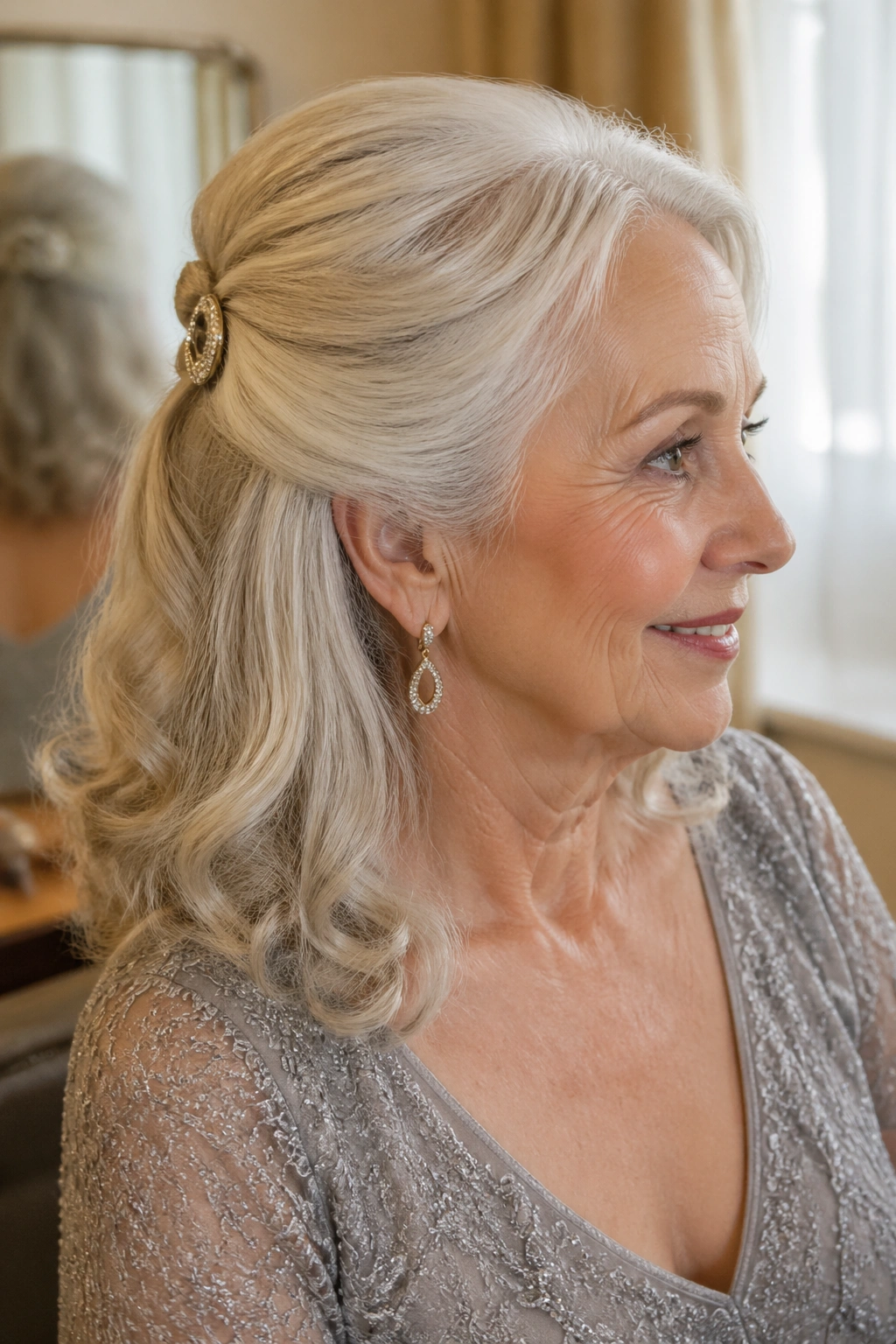 Close-up of an older woman with a silver half-up hairstyle, polished top and flowing lower hair