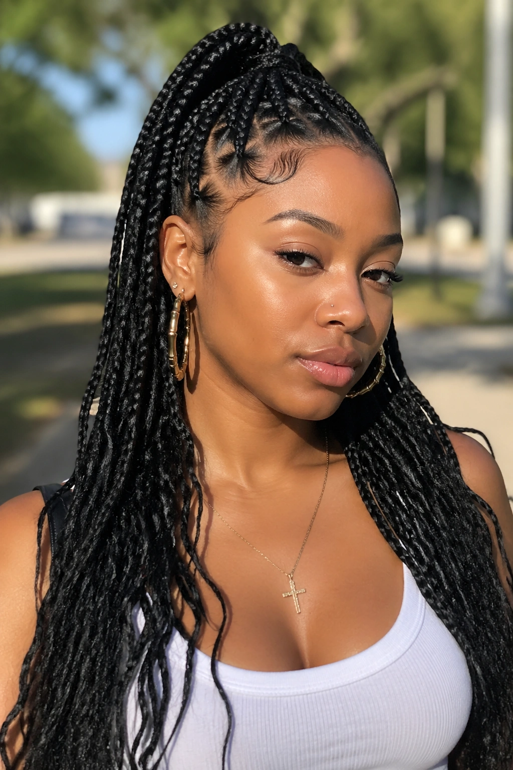 Real woman with half-up half-down braids outdoors
