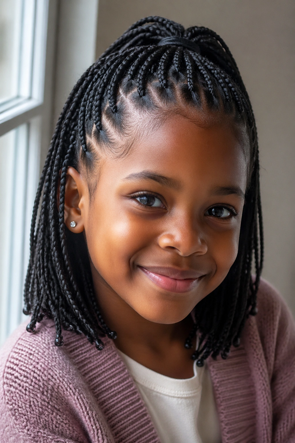 Girl with half-up half-down short box braids in a crown style