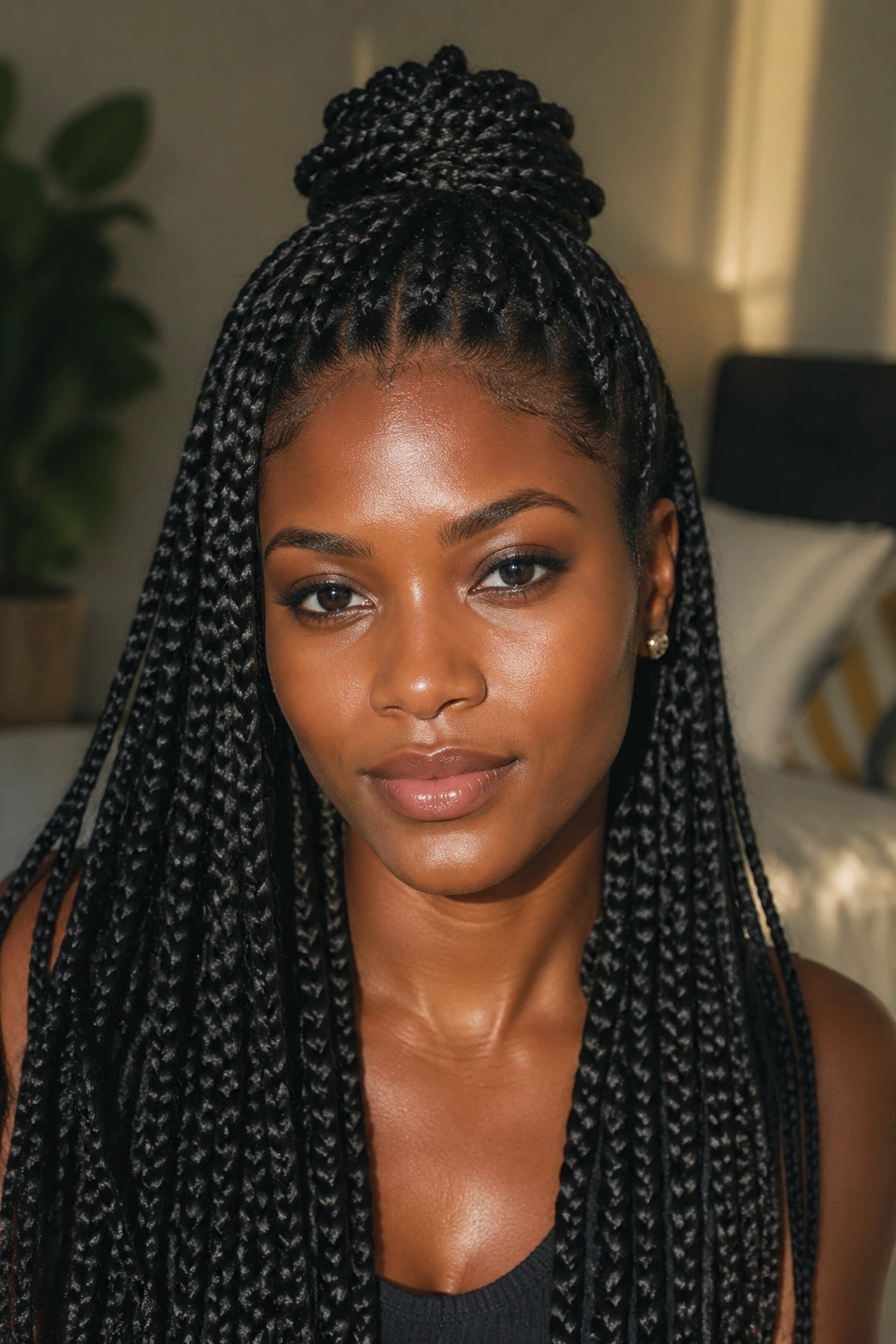 Close-up portrait of a real woman with half-up half-down long braids in warm light