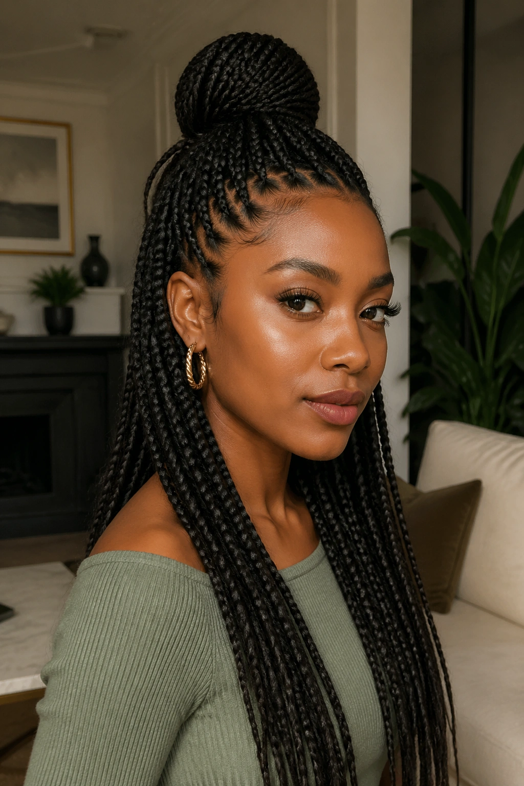 Portrait of a real woman with half-up half-down braids, top section secured while hair flows down