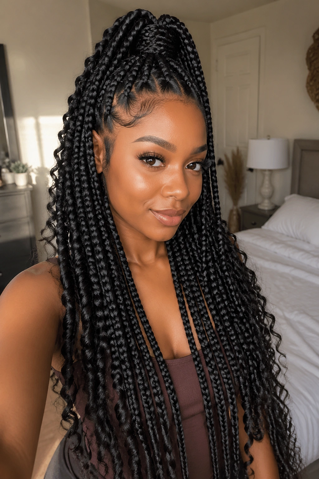 Portrait of a real woman with half-up half-down braids and a high top