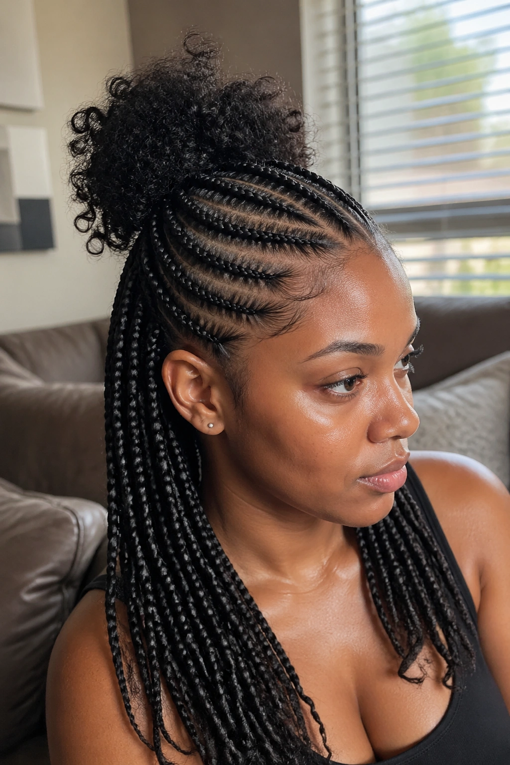 Close-up of a real person with half-up half-down cornrows
