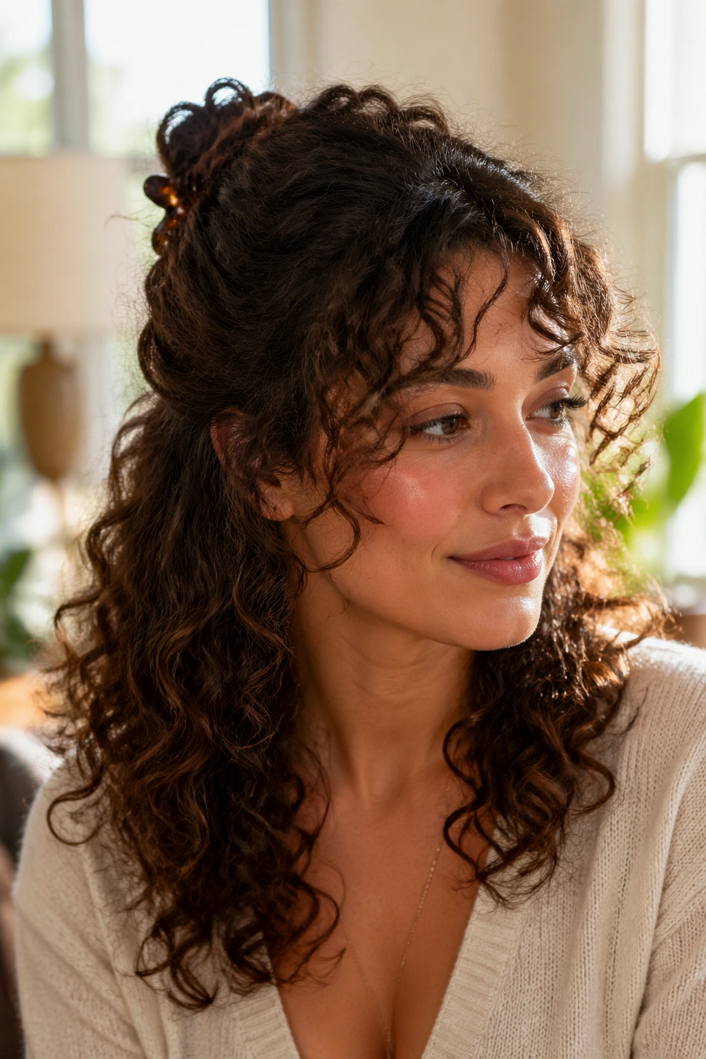 Close-up of a real woman wearing half-up half-down curls with face-framing bangs in natural light