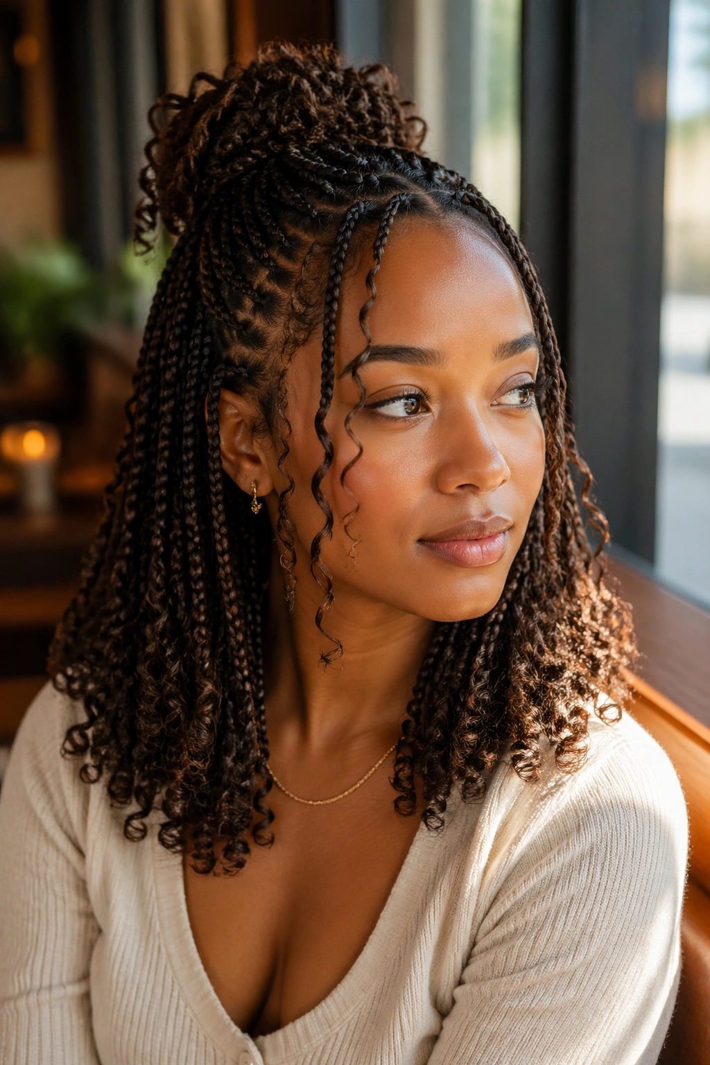 Close-up of a real person with half-up hairstyle and curly ends showing