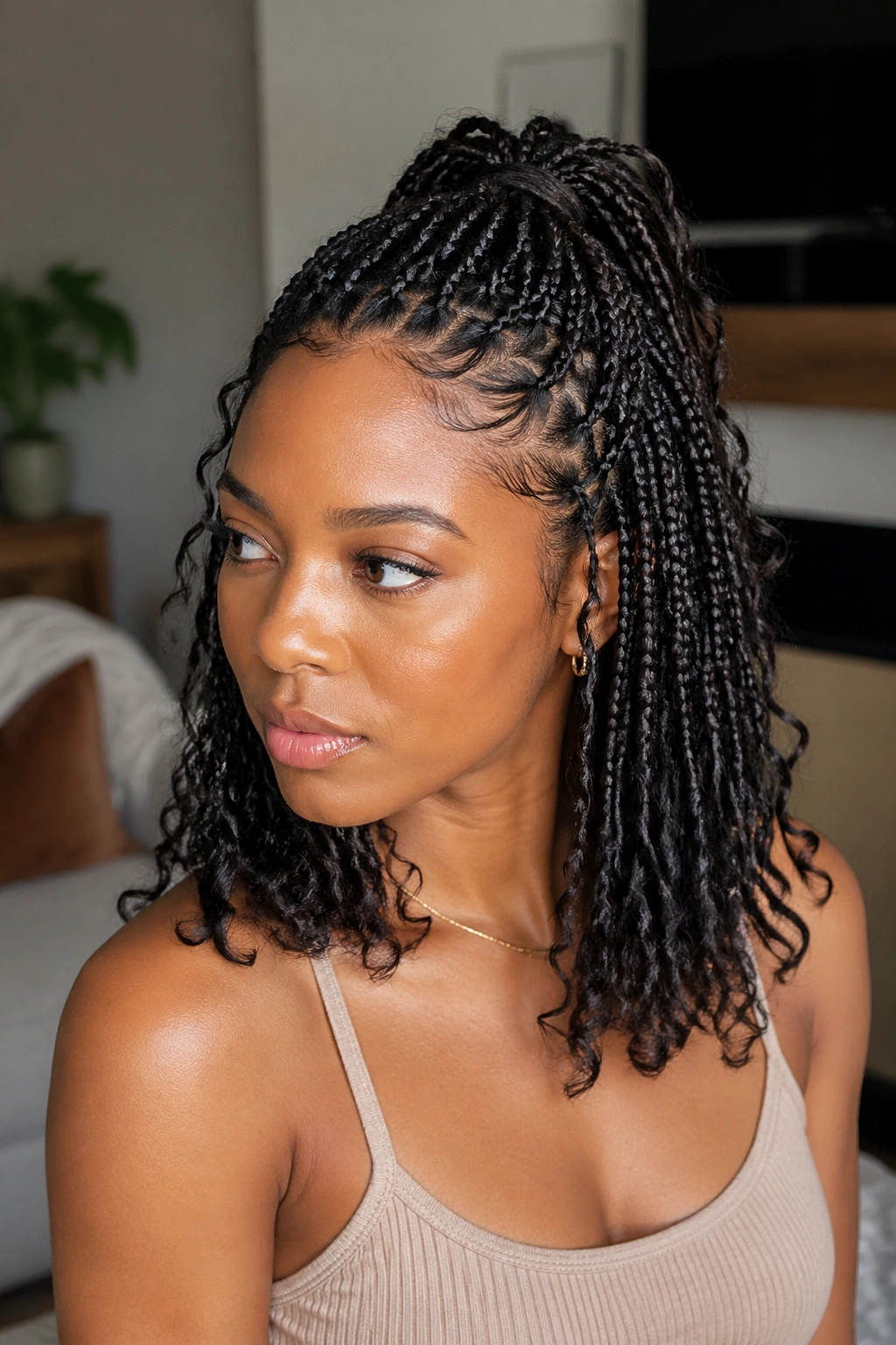 Real woman with half-up, half-down knotless boho braids