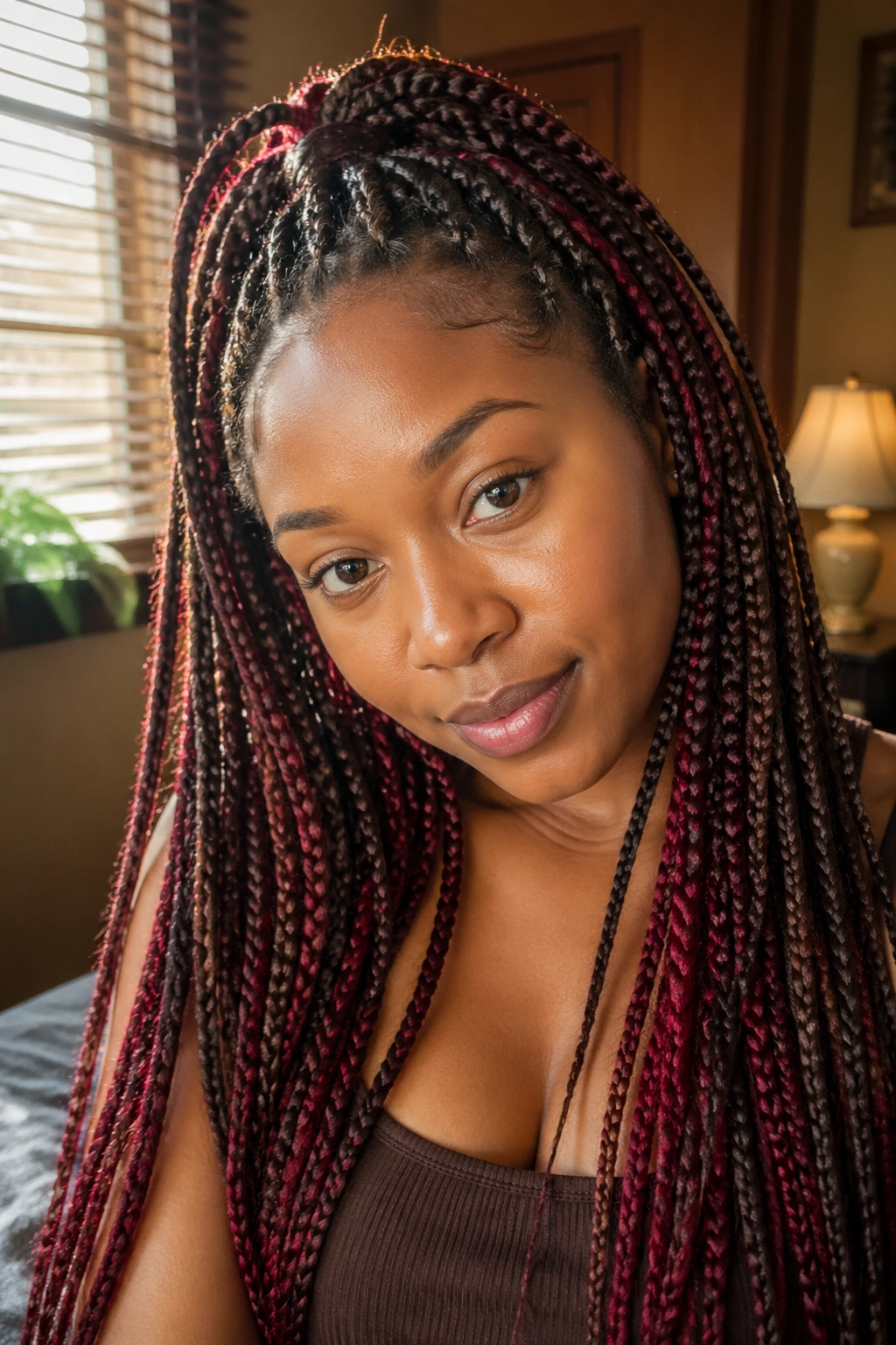 Close-up of a real woman with half-up half-down brown and red knotless braids