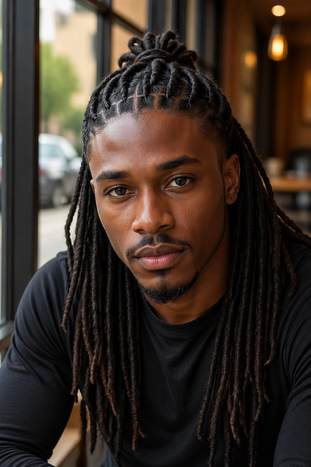 Close-up of a Black man with half-up half-down locs showing top braid and flowing length.