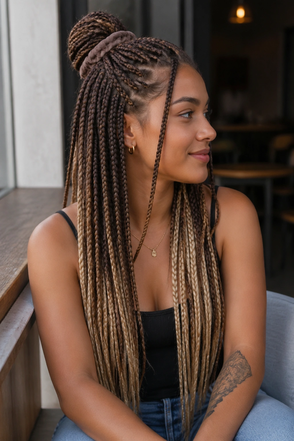Portrait of a real person with half-up half-down peekaboo braids showing brown and blonde contrast.