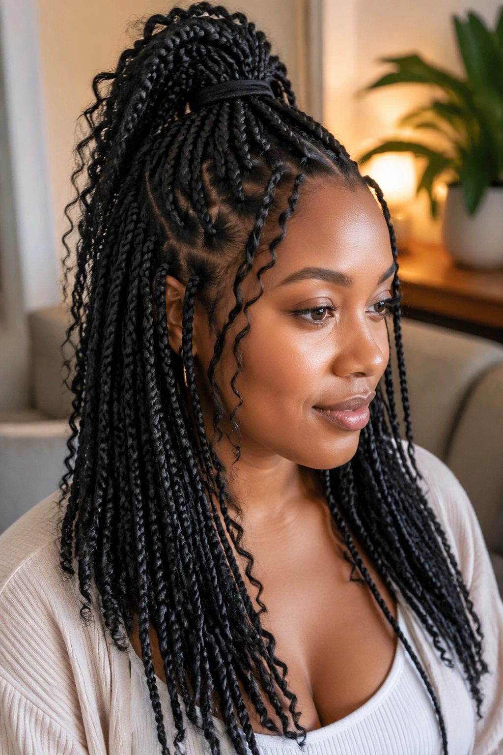 Close-up of a woman with half-up, half-down tree braids