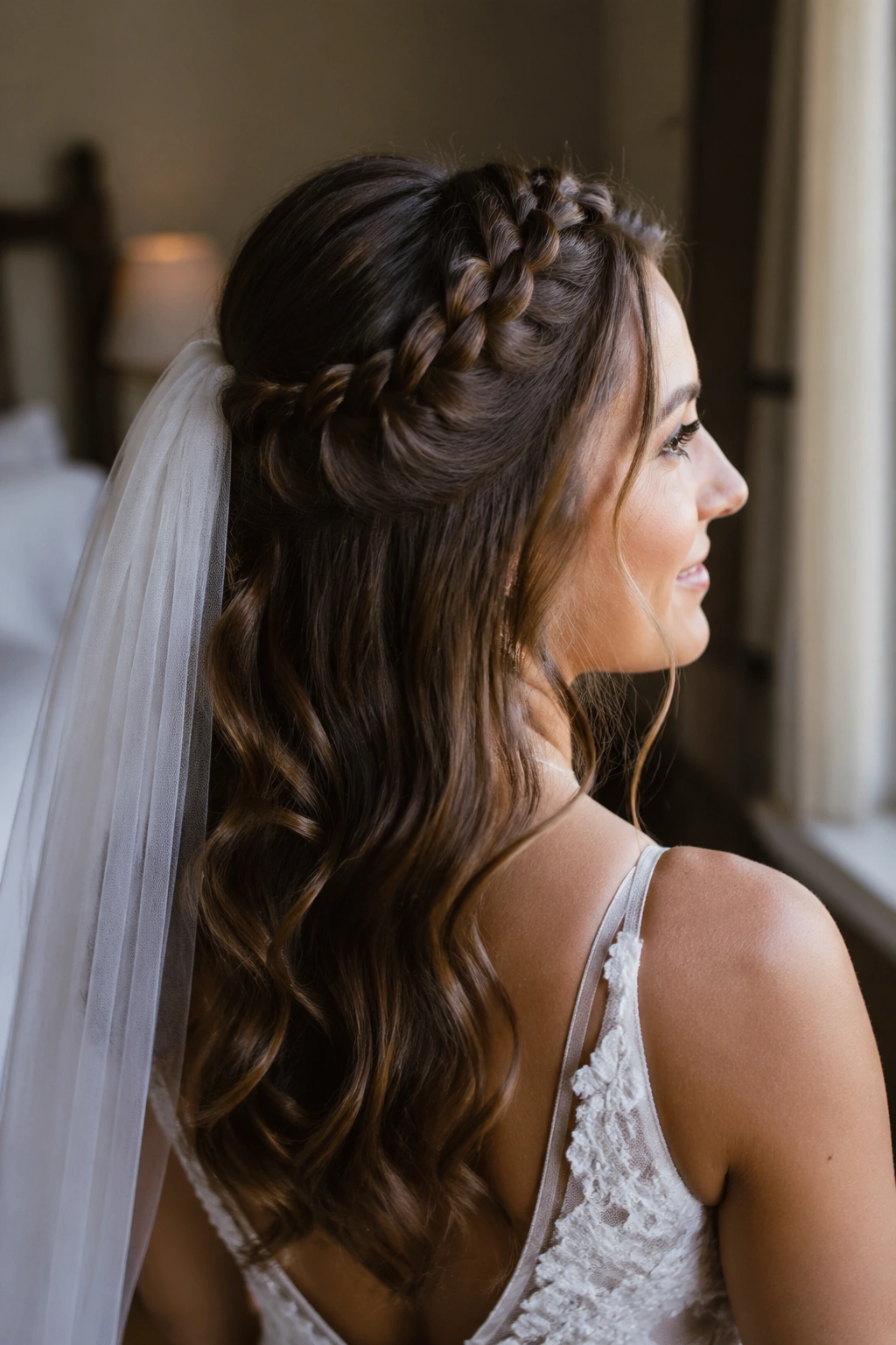 Close-up of a real bride wearing a half-up halo braid