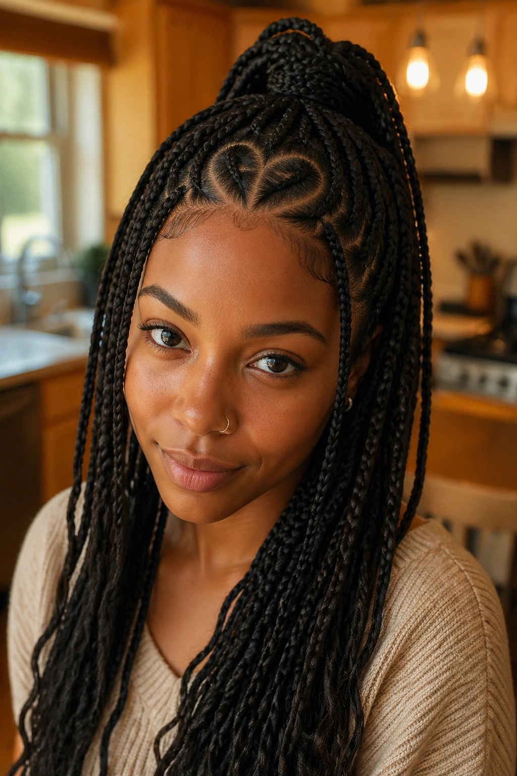 Close-up of half-up heart braids with loose ends on a real person