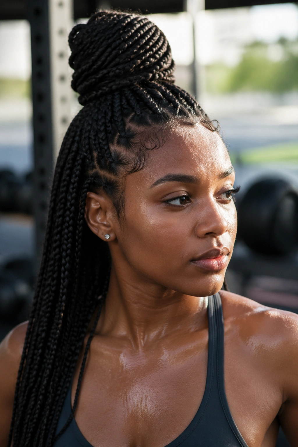 Close-up of a real person with half-up high-bun box braids