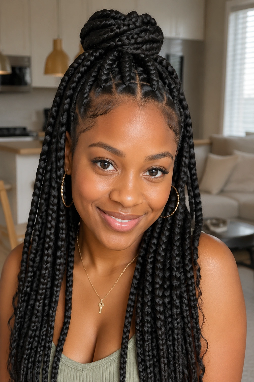 Close-up of half-up half-down jumbo knotless box braids on a real person