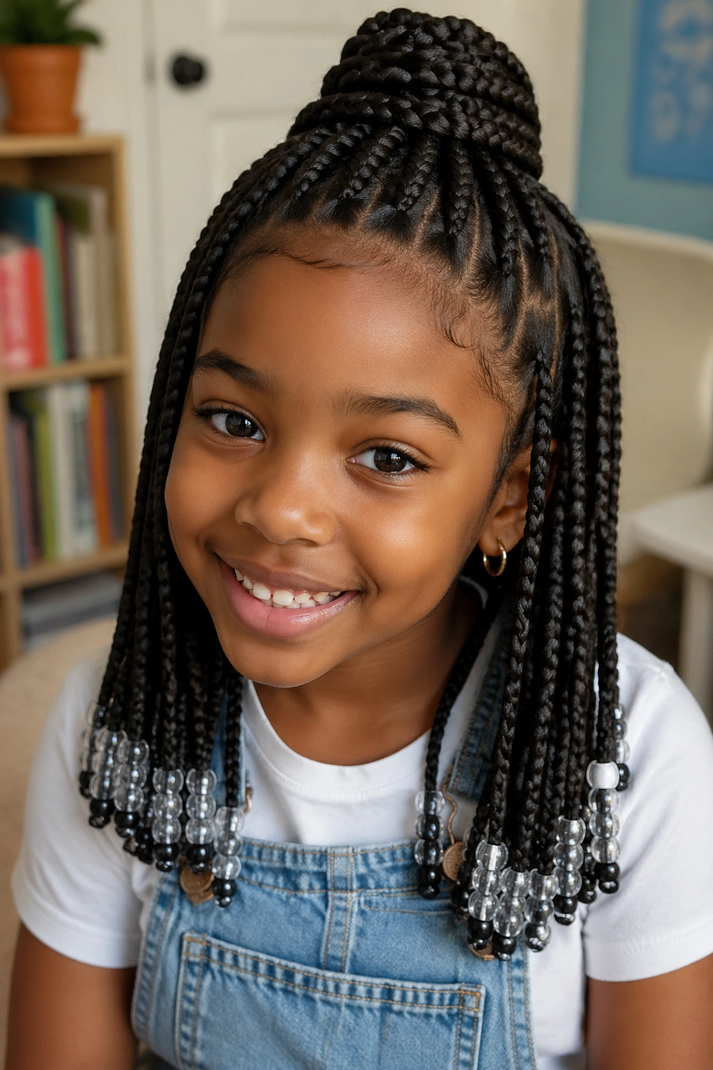 Close-up of a real child with half-up, half-down jumbo box braids with beads